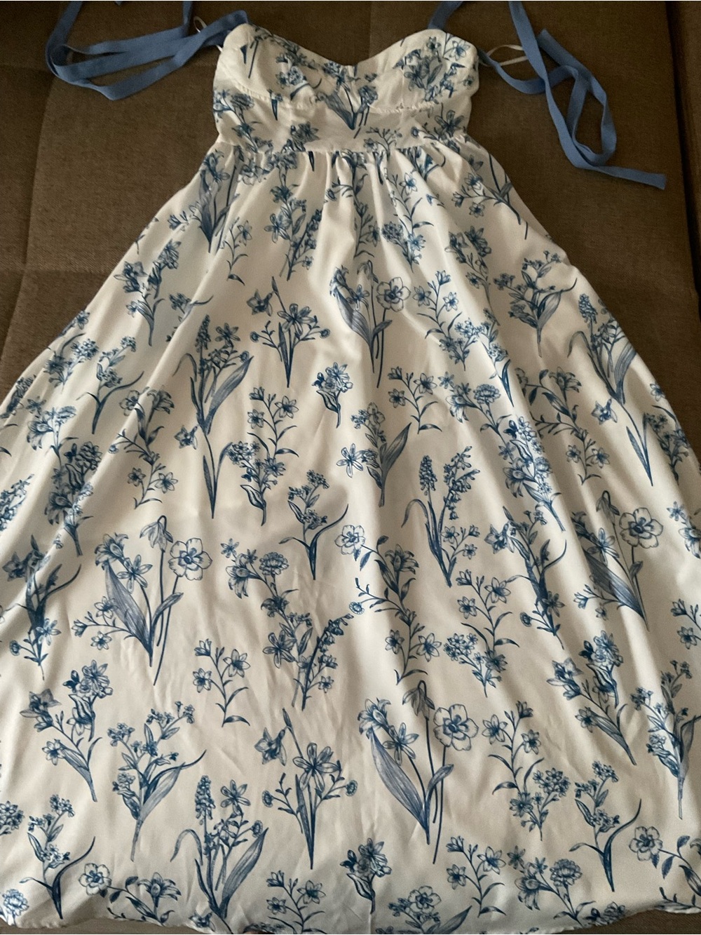 SHEIN White Dress with Blue Floral Print and Tie Straps